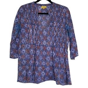 Roberta Roller Rabbit Blue Snowflake Pattern Beaded Trim V Neck Blouse XS